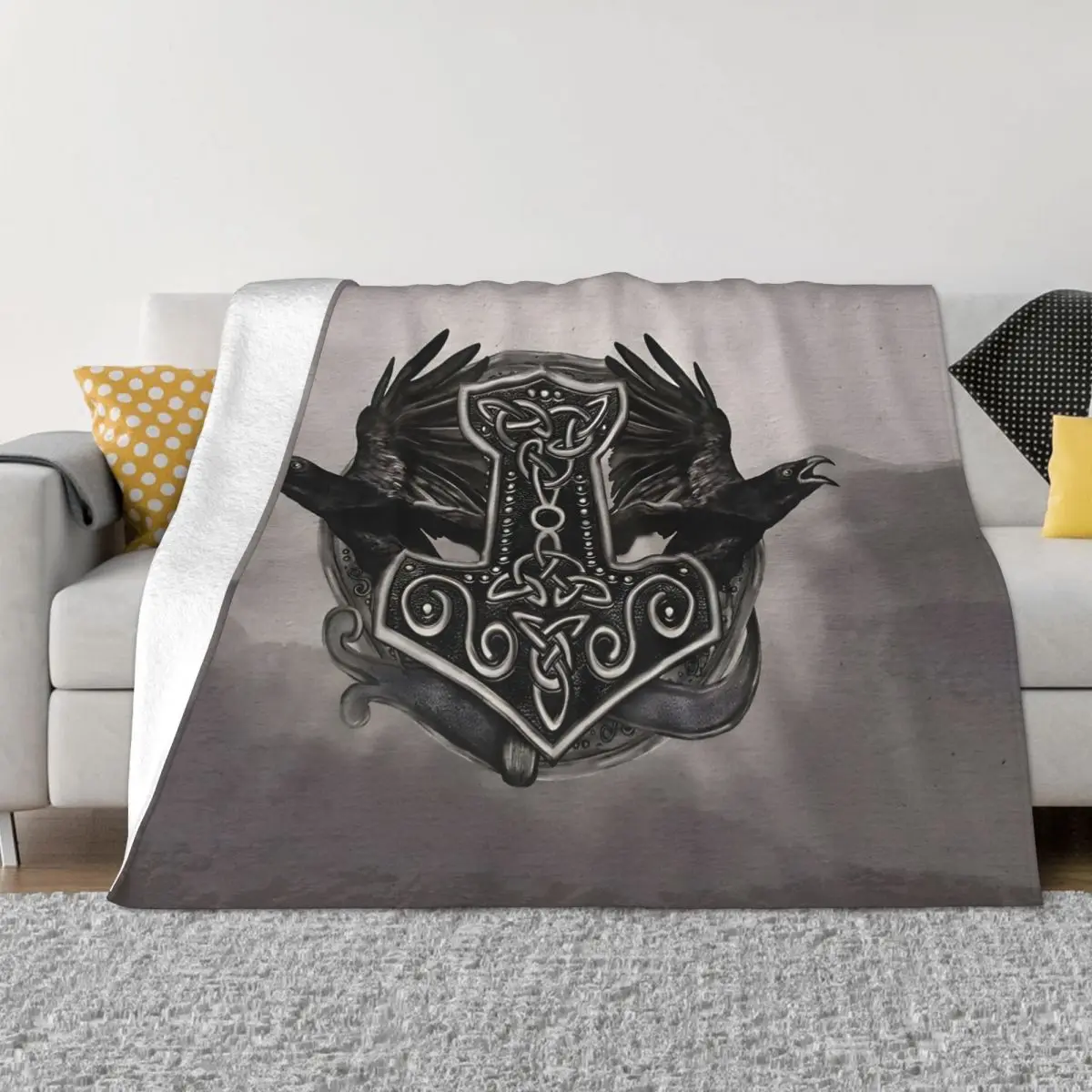 

Viking Mjolnir The Hammer Of Thor And Ravens Portable Warm Throw Blankets for Bedding Travel