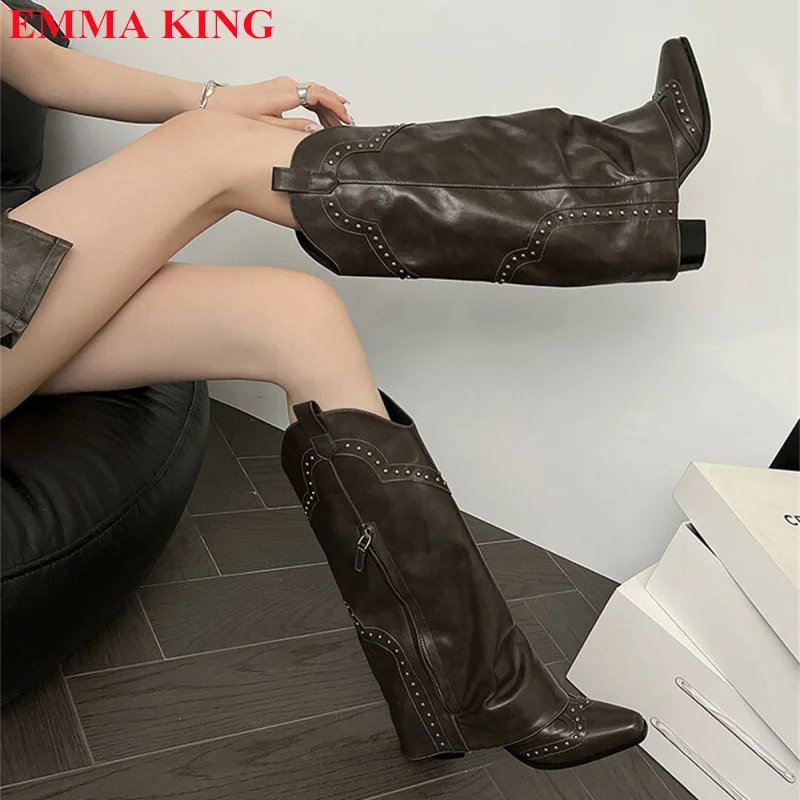 Retro Rivet Cowboy Cowgirl Boots For Women Chunky High Heel Western Female Mid Calf Boots Slip On Pointed Toe Casual Shoes 2023