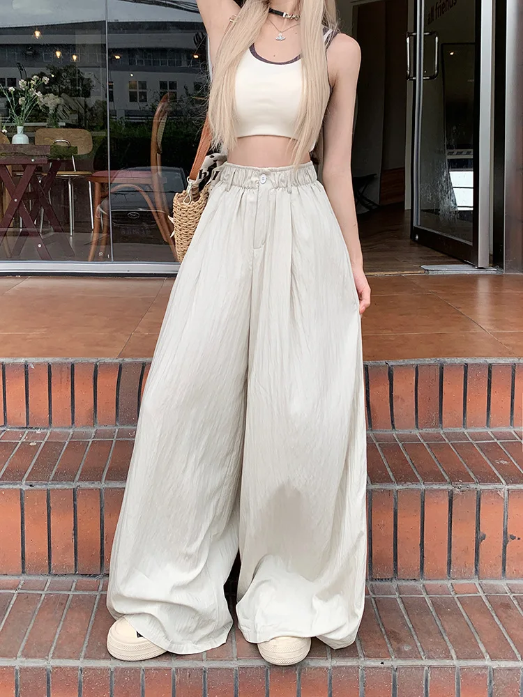 

Korean Version of Relaxed Feeling Lazy Wind Mop Casual Pants Women's Summer Elastic Waist Loose Texture Pleated Wide-leg Pants