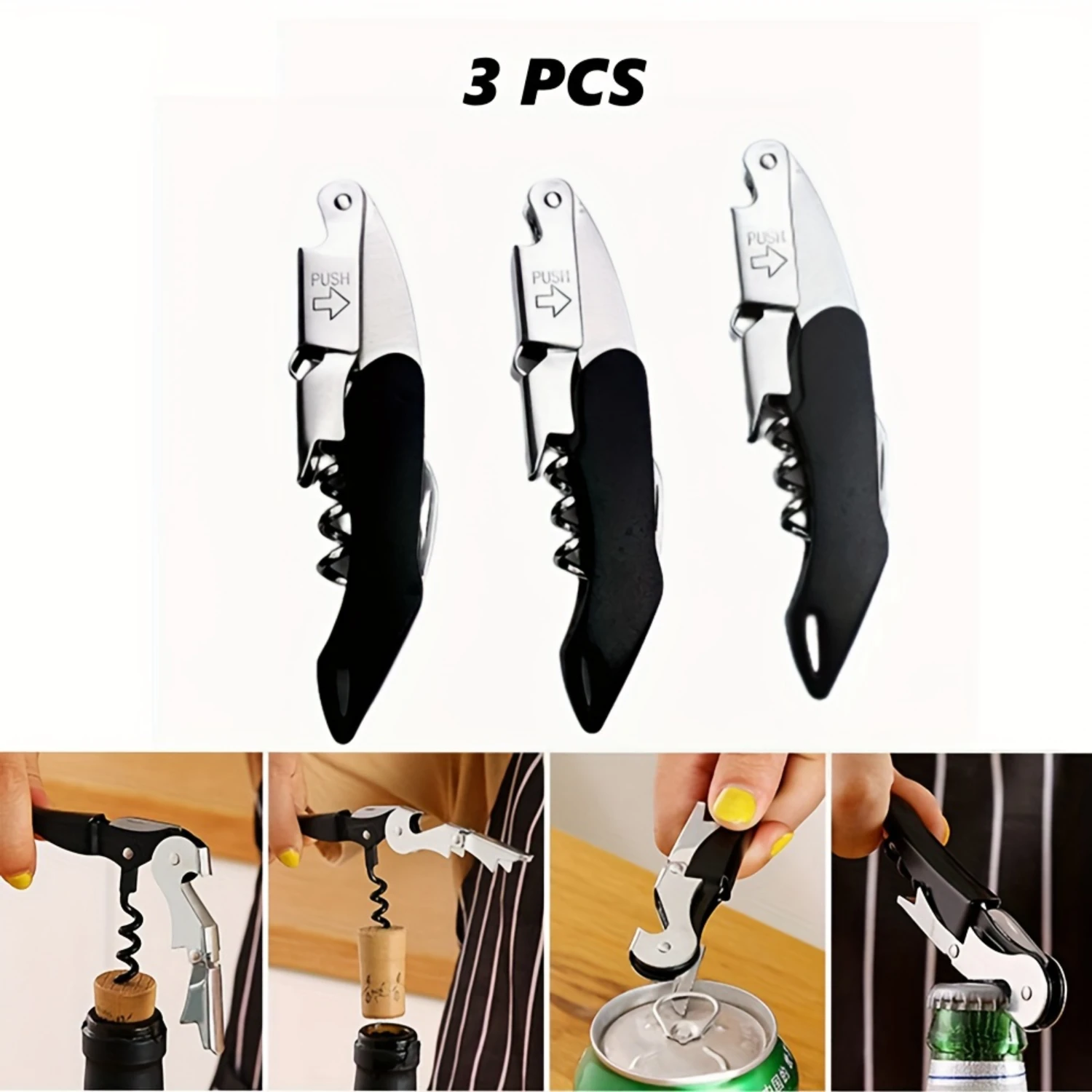 3pcs Multi-use Corkscrew Wine Beer Bottle Opener With Foil Cutter Wine Key For Waiters, Servers, Bartenders, Sommeliers For Rest