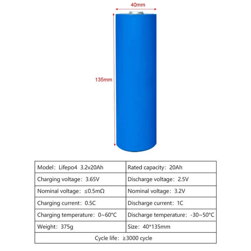 40135 C40 3,2 V 20 Ah LiFePO4 zylindrische Batteriezelle für EV-Roller, tragbare Kraftwerke, Solarenergie und DIY-Projekte