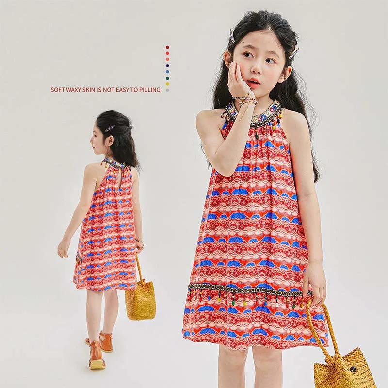 2024 Summer Children Girl Camisole Dress Teenager Girl Bead Tassel O-neck Printed One-piece Dress School Girl Straight Dress