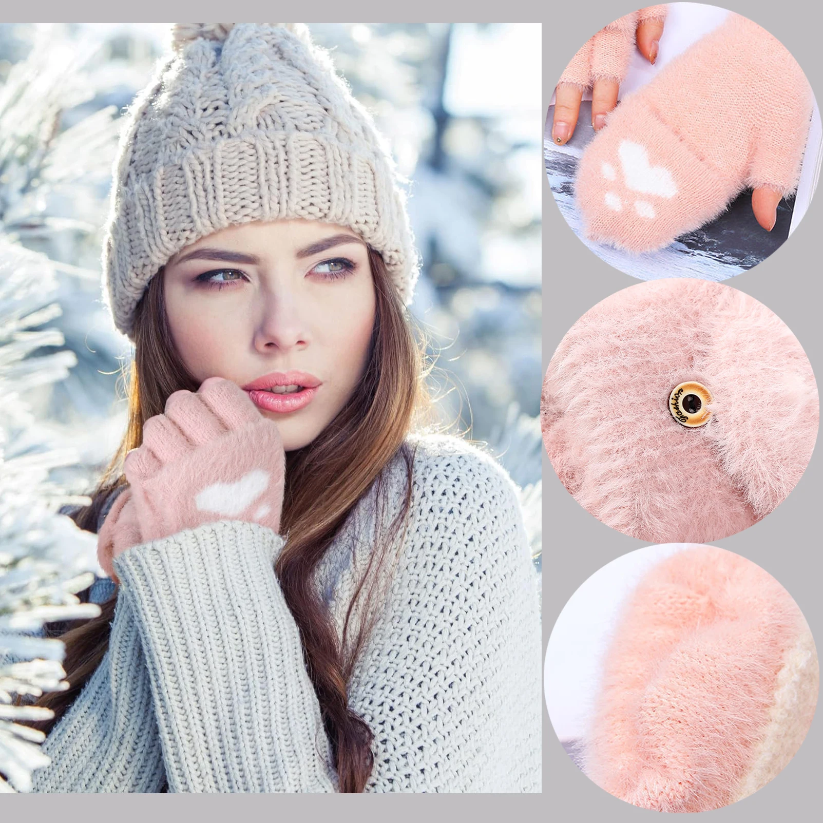 رشاقته لطيف المرأة الشتاء الدافئة قفازات أزياء الفتيات القط مخلب باو أفخم القفازات لينة قصيرة أصابع نصف اصبع قفاز