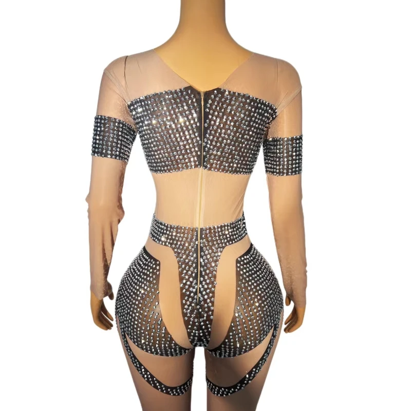 Spandex Sparkly Rhinestone Skinny Elastic Jumpsuit Fashion Women High-end Sexy Jumpsuit Club Stage Performance Wear Heiseyouhuo