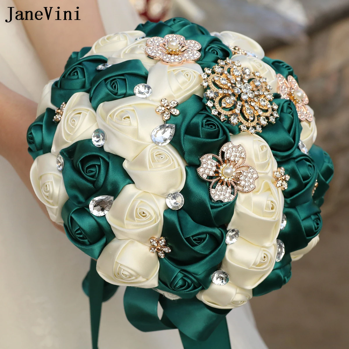 JaneVini Dark Green Bridal Bouquets Bling Gold Rhinestones Artificial Satin Roses Bridesmaid Holding Flowers Wedding Accessories