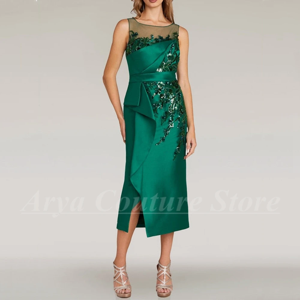 Elegant Green Mother of Bride Dress Scoop Neck Sleeveless with Shiny Sequin Applique Tea-Length Women Belt Illusion Back Gowns