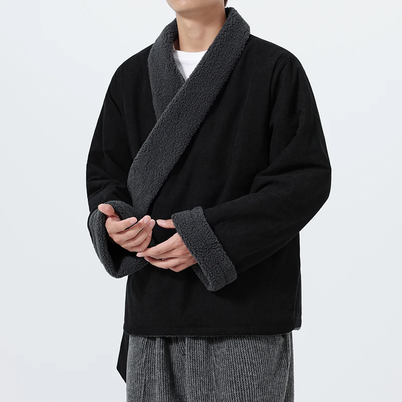 Chinese Style Cotton Padded Jackets Men Thick Velvet Loose Parkas Male V-Neck Irregular Cardigans Man Warm Lace Up Overcoat