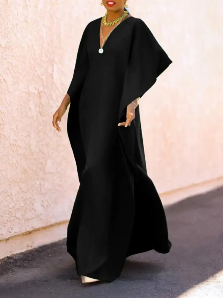 Yeezzi Batwing Sleeves Split-Side V-Neck Elegant Party Banquet Maxi Dresses Solid Color Robe For Middle East Women 2023 New