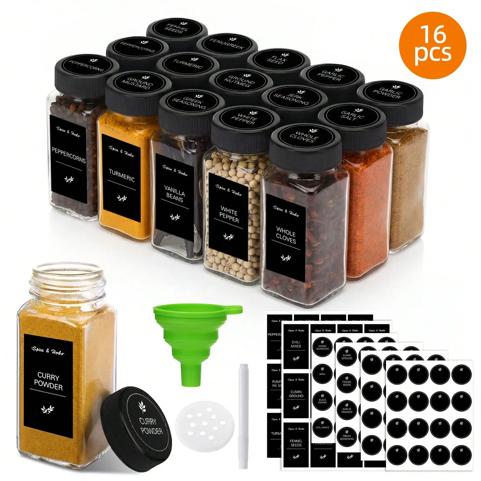 4oz Square Glass Spice Jars With Black Metal Lids, 16/24Pcs Airtight Seasoning Containers With Shaker Lids & Stickers, Kitchen Storage Organizer For Pantry & Countertop
