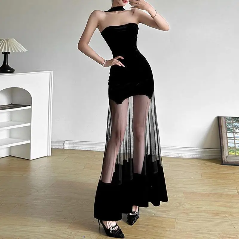 Sexy black strapless mesh see through patchwork hip hugging dress sleeveless off shoulder backless mid leng Long Vintage Dresses