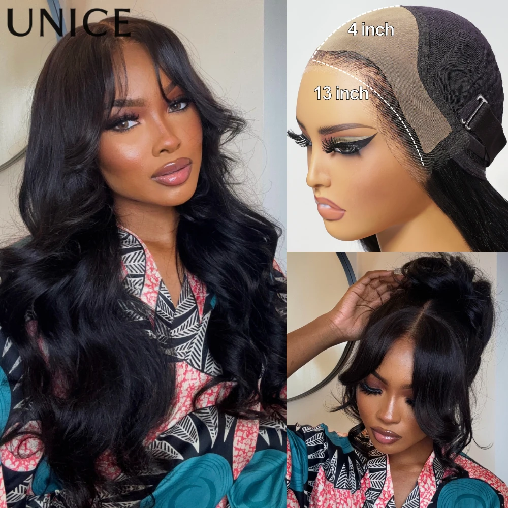 UNICE Hair Real Scalp Wig 13x4 HD Lace Frontal Wig Curtain Bangs Loose Wave Wig Human Hair With Drawstring