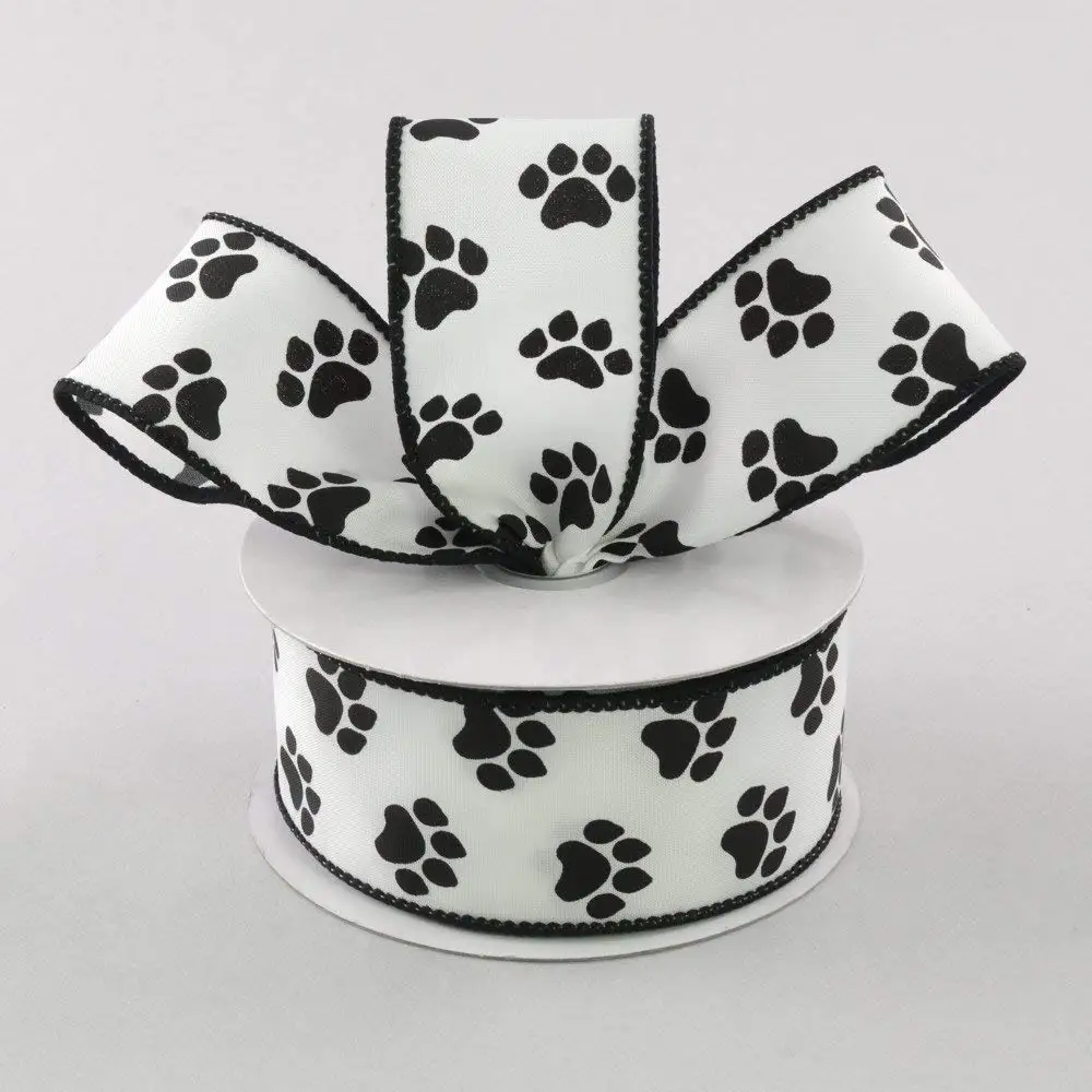 

1.5\ x 10 Yards Black Paw Print on White Pongee Fabric Wired Ribbon, Dog Theme Pattern Ribbon for Wreaths, Pet Decor, DIY Bo