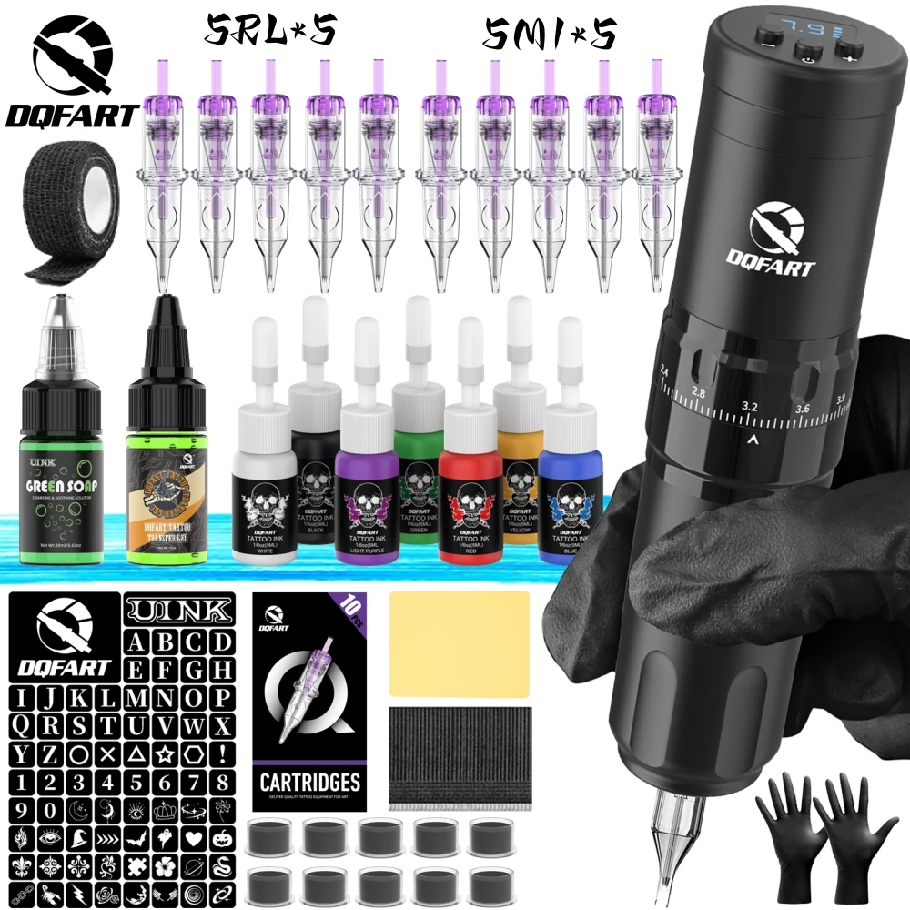 DQFART T1Pro Electric Wireless Tattoo Machine Set 1500mAh Tattoo Needles Ink Transfer Printing Gel Body Art Artists Supplies