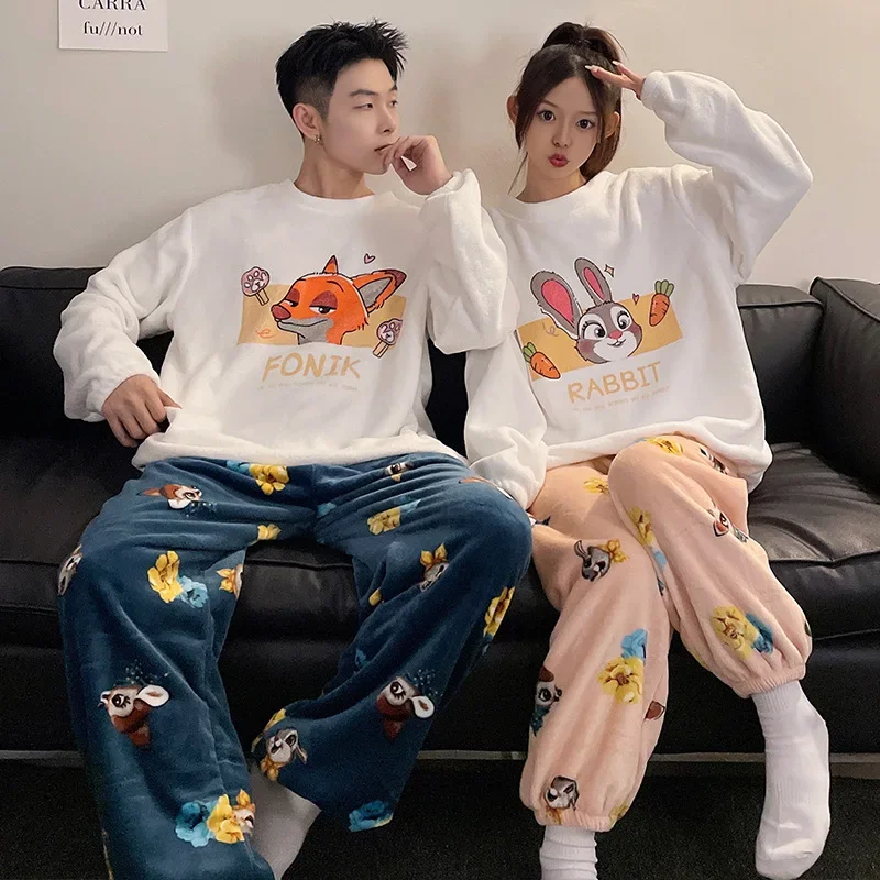 Cartoon Disney couple pajamas winter coral fleece long-sleeved trousers two-piece set loungewear women\'s pajamas loungewear