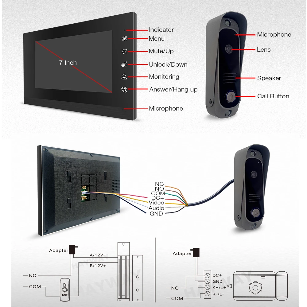 Video Intercom System Kit Wired Video Doorbell Phone Rainproof Call Panel IR Camera for Home Villa Building 1200TVL