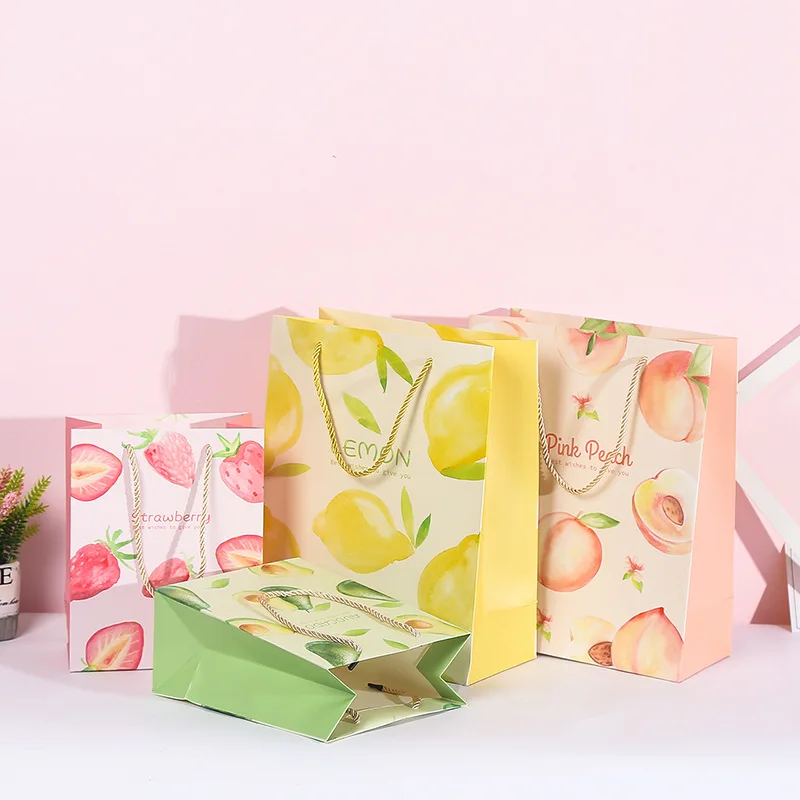 

10pcs Paper Gift Bags with Rope Handles Wedding Birthday Party Packaging Supplie Fruit Pattern Snacks Shopping Bags High Quality