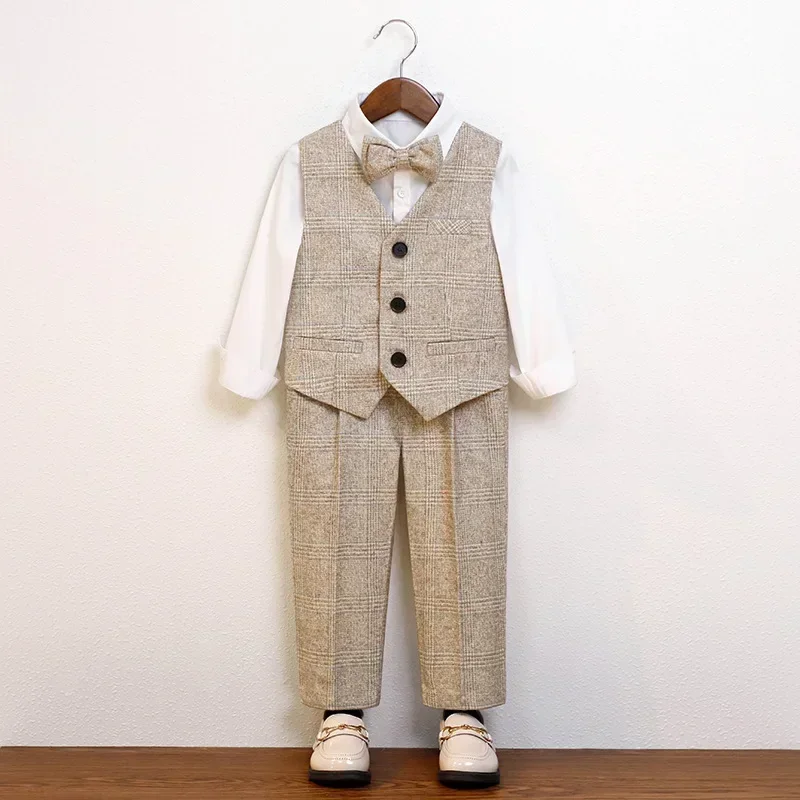 School Uniform for Boys Thick Warm Children Plaid Suit Khaki Toddler Birthday Blazer Set Kids Wedding Piano Performance Costumes