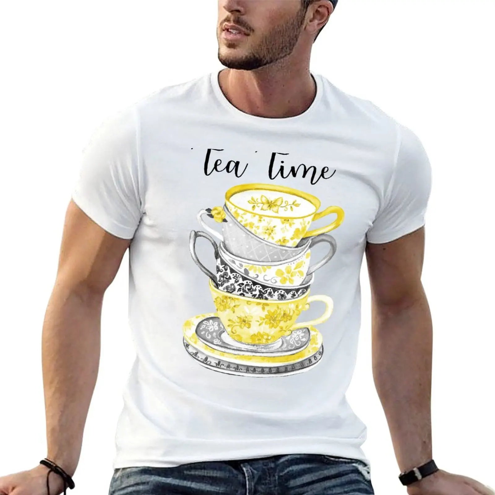 Watercolor Tea Time Teacups Grey and Yellow T-Shirt essential t shirt custom t-shirts anime shirts men
