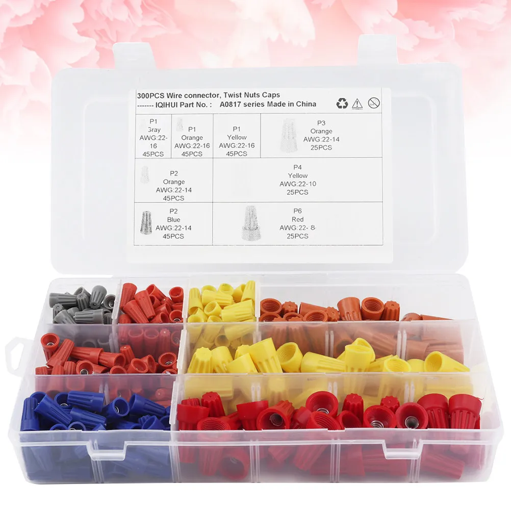 

300Pcs Electrical Wire Connectors Spring Insert Terminal Nuts Caps Assortment Set for Home Wiring Lighting DIY Electrical