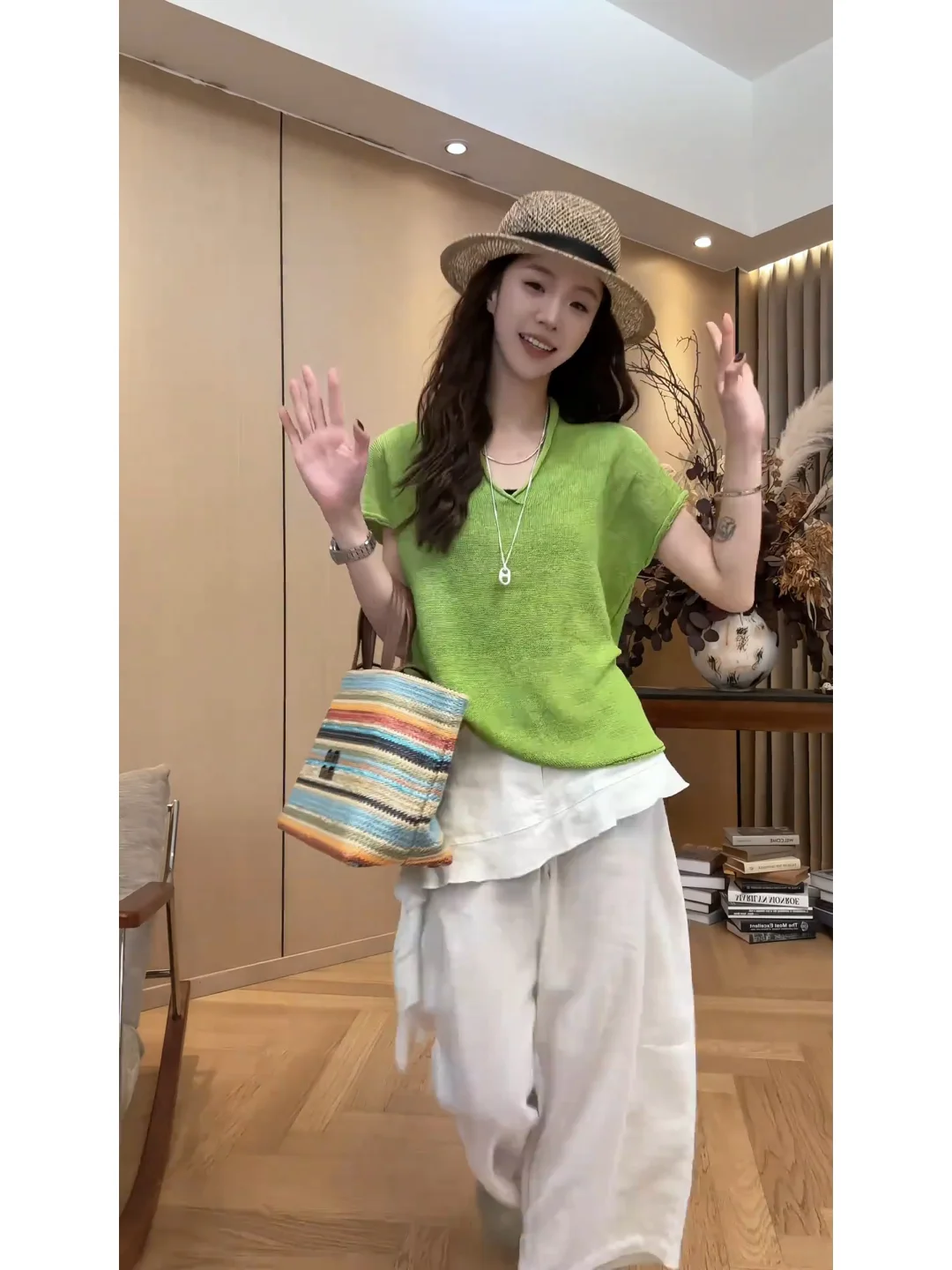 

Elegant Summer Knitwear T-Shirt Set Women's Straight Leg Pants with Sash Fashion Anti-Aging High Waist Nine Points Skirt