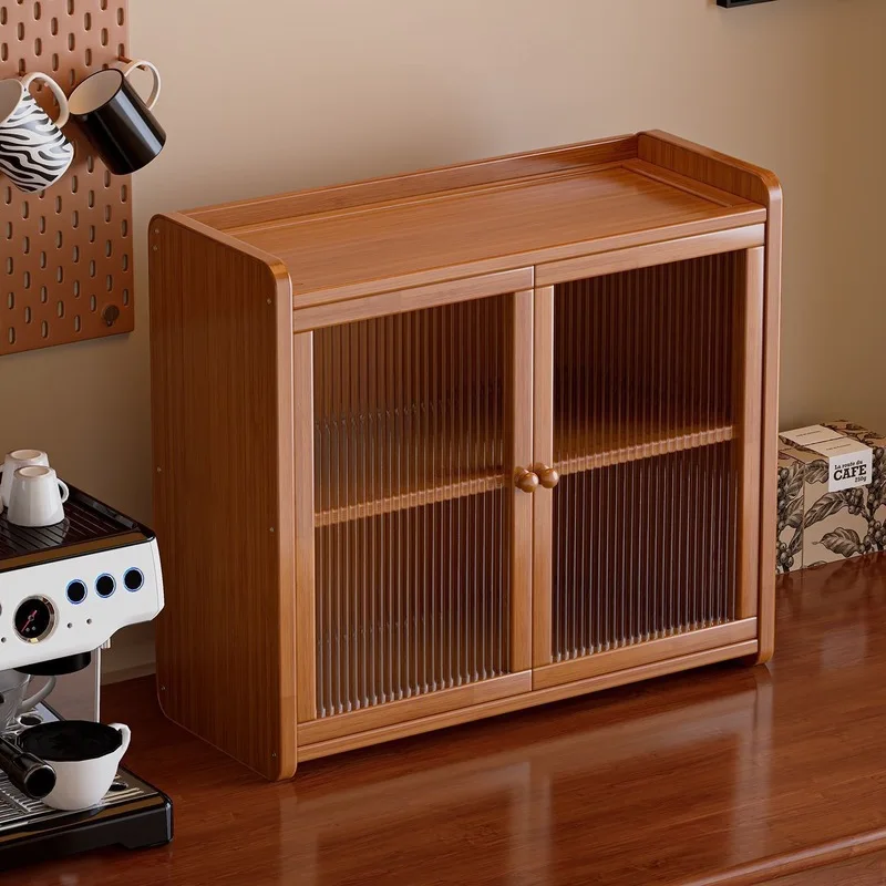 Retro Bamboo Double Door Cup Storage Cabinet, Dustproof Mug Display Rack, Desktop Organizer for Coffee Tea Kitchen Utensils
