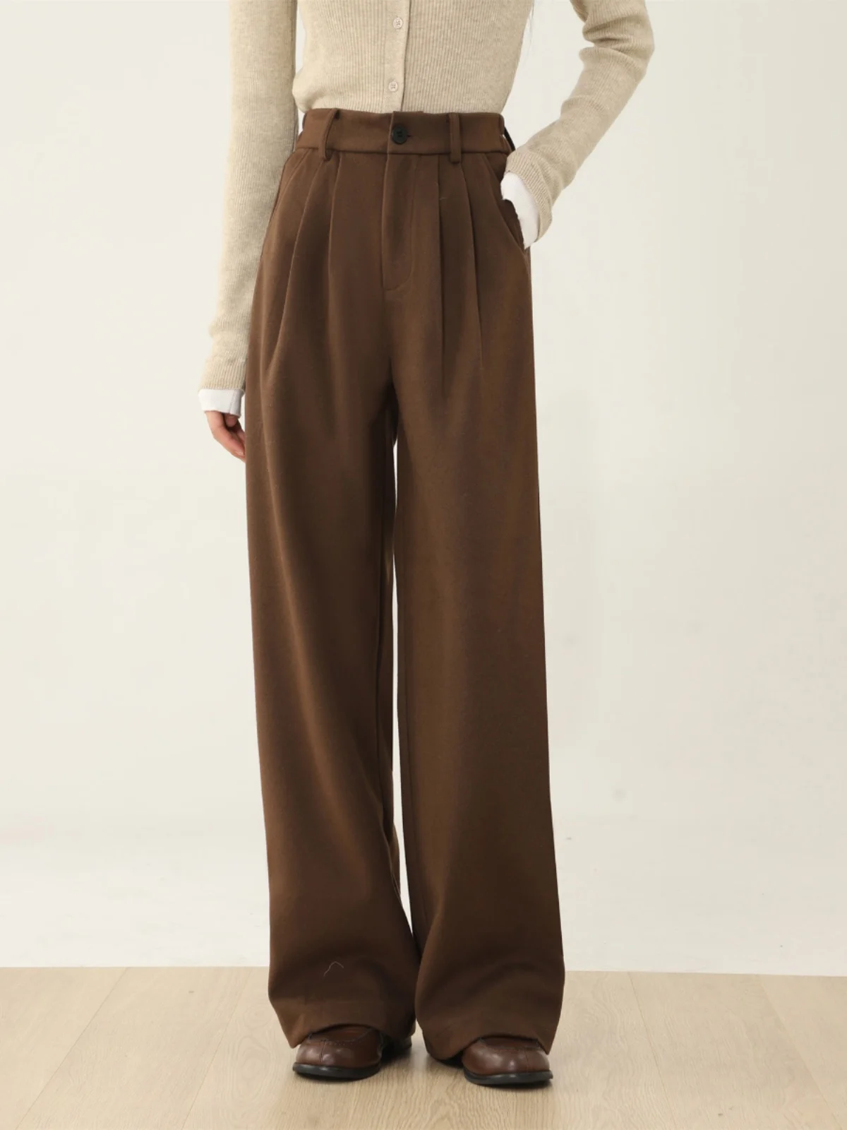 กางเกงสูทขายาวทรงตรงสีน้ำตาลสำหรับผู้หญิง รุ่น Crsu Loose Long Thin ผ้าผสมฝ้ายและขนสัตว์ แฟชั่นต้นฤดูใบไม้ผลิ 2026