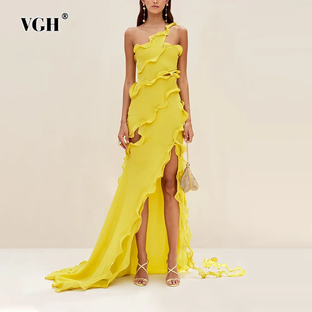 VGH Solid Patchwork Edible Tree Fungus Dresses For Women Diagonal Collar Sleeveless Backless High Waist Slimming Dress Female