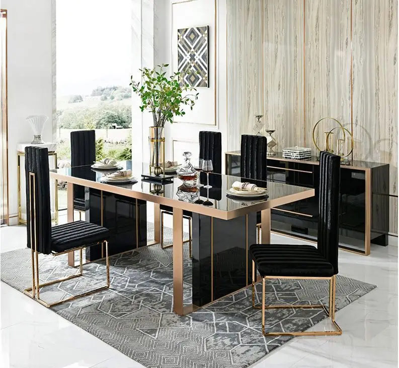 Italian Modern Dining Table Set With 6 Chairs, Luxury Fiberglass Restaurant Furniture - Tempered Glass Top & Leather Seats