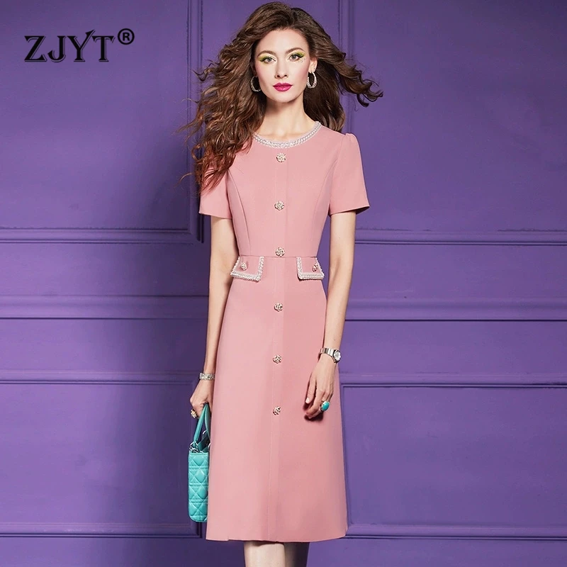

ZJYT Лето 2025 г., элегантное платье миди с короткими рукавами и бисером для женщин, розовое, черное, однотонное повседневное платье, вечерние женские халаты