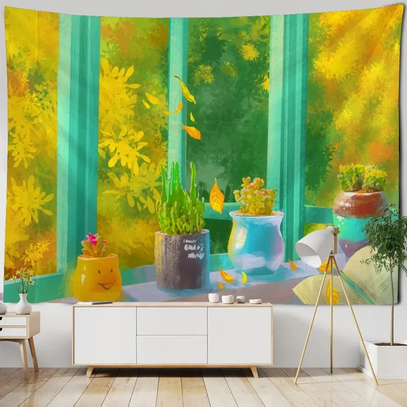 Window like landscape tapestry, brick wall, oil painting, home art decoration, bedroom, dormitory, wall decoration cloth