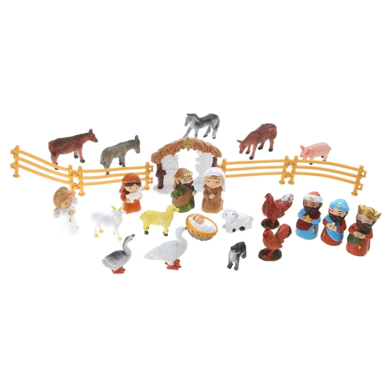 Jezus kerststal 24 minifiguren, heilige familie, magiërs, herder, engel, schapen, stal, dieren, hekken, harsmateriaal, voor