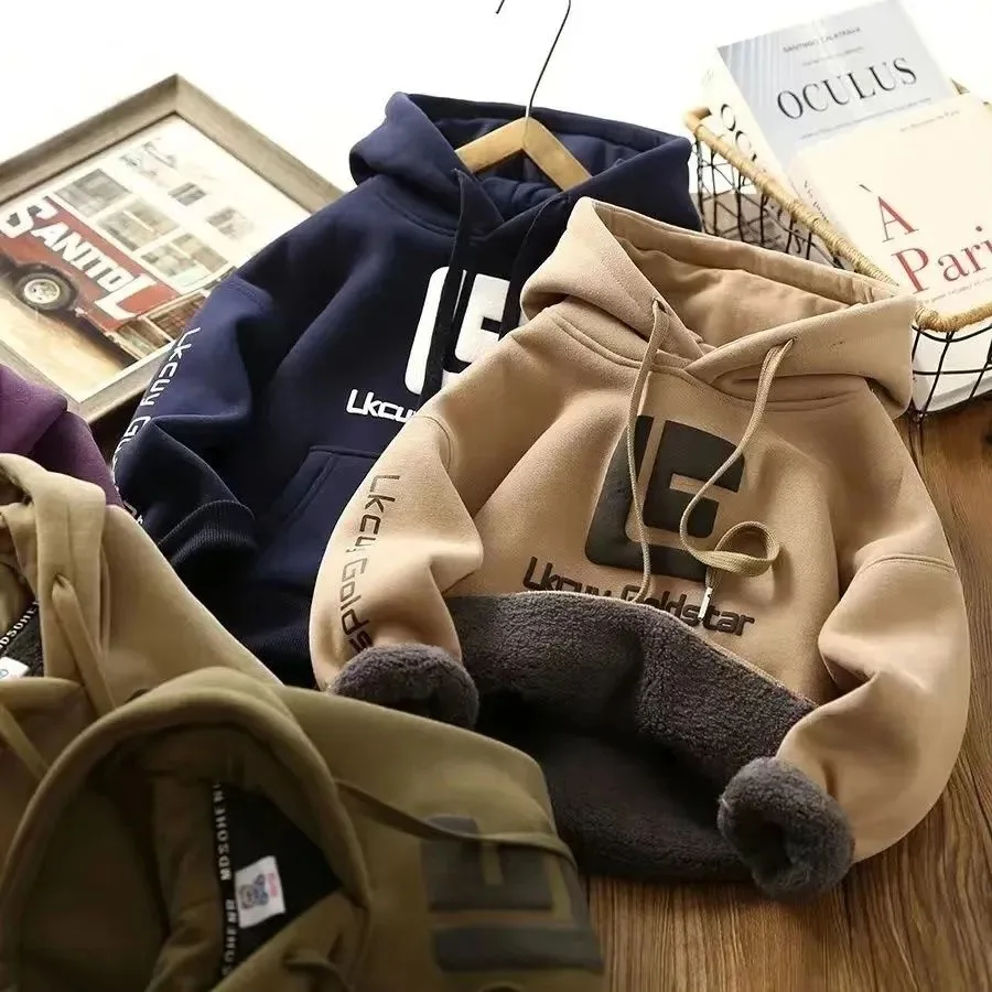 3-14 Years Winter Boys Hoodies Letter Print Teenger Lining Plush Thick Warm Casual Pullover For Kids Handsome Sweatshirt