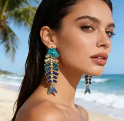 Creative Colored Rhinestone Fishbone Earrings Personality Temperament Splicing Animal Earrings