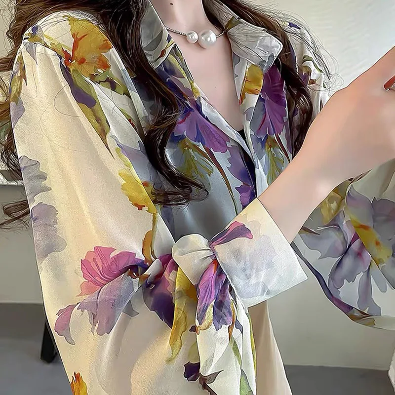 Women\'s Clothing Chic Floral Print Chiffon Shirt Summer Elegant Fashion Lantern Sleeve Polo-neck Blouses Casual Loose Button Top