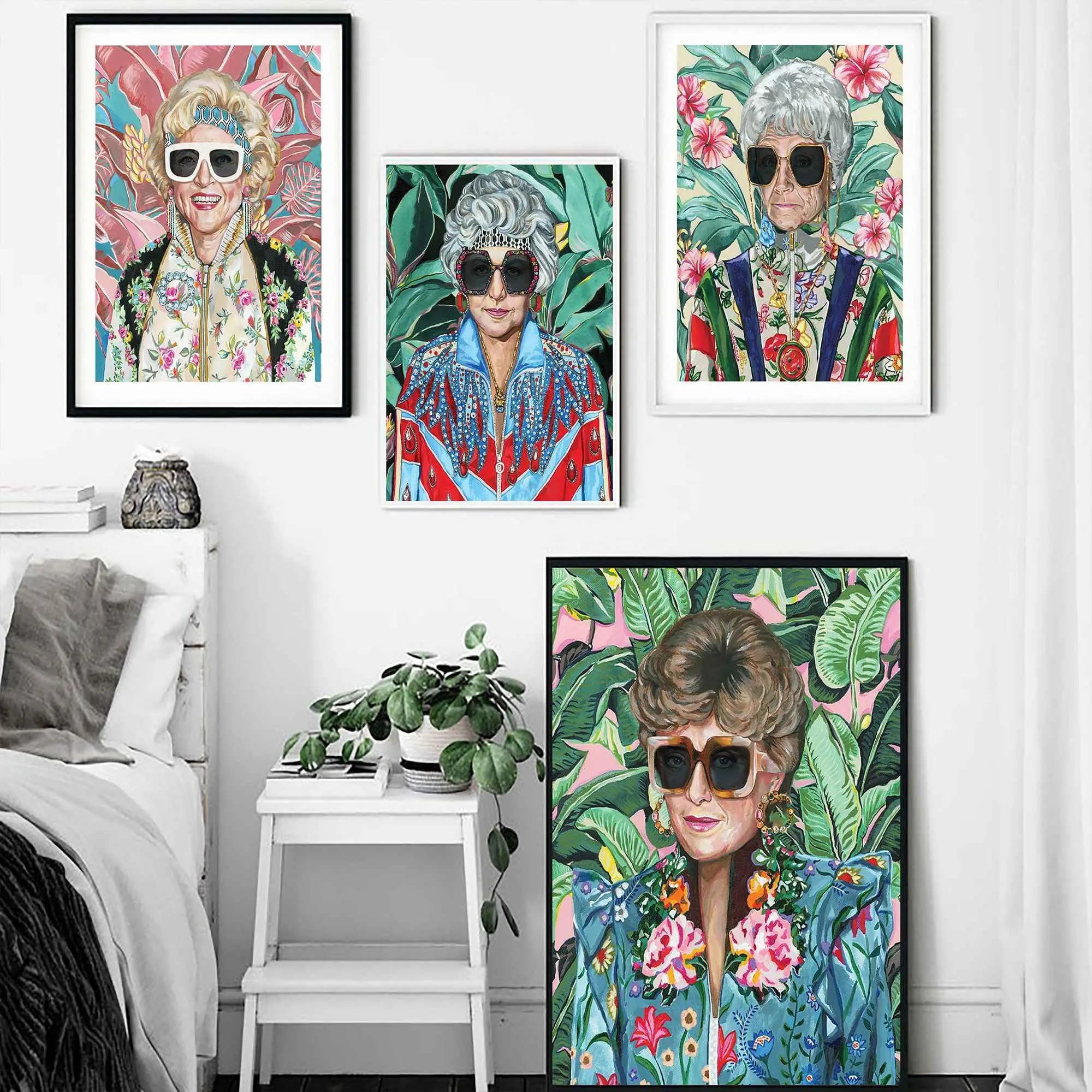 80s Artwork Fashion Golden Poster For Woman Decor Canvas Painting With Sunglasses Canvas Pictures For Girl Dorm Wall Art Decor