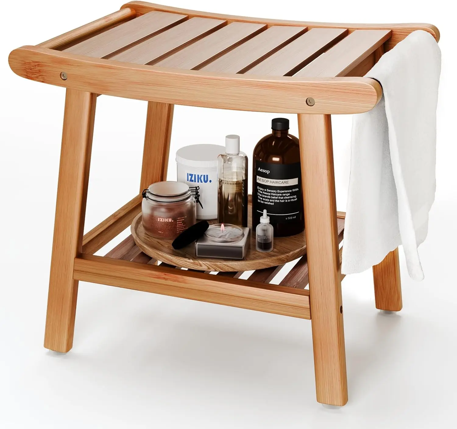 

Bamboo Shower Bench Anti Slip Thickening Shower Stool with Storage Shelf Spa Bath Seat for Bathroom Organizer Hallway Bench