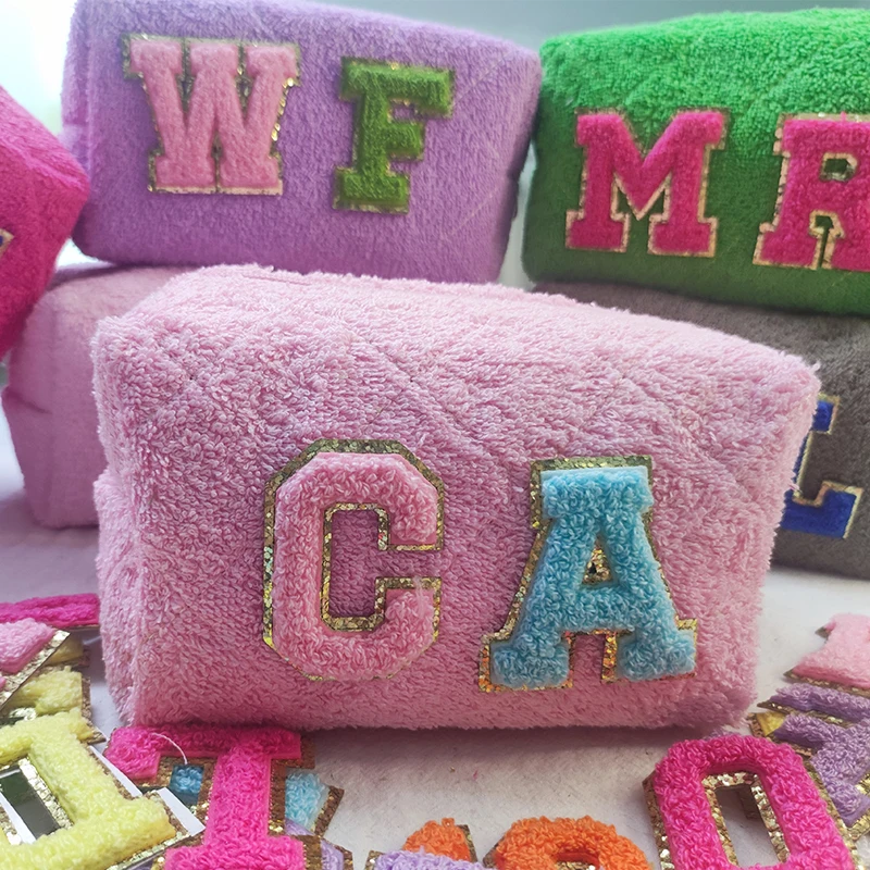 Towel Cosmetic Bag Embroidery Letter Patch Customize Terry Makeup Bags Towel  Pouch for Women  Pink Storage Organizer Bag Gift