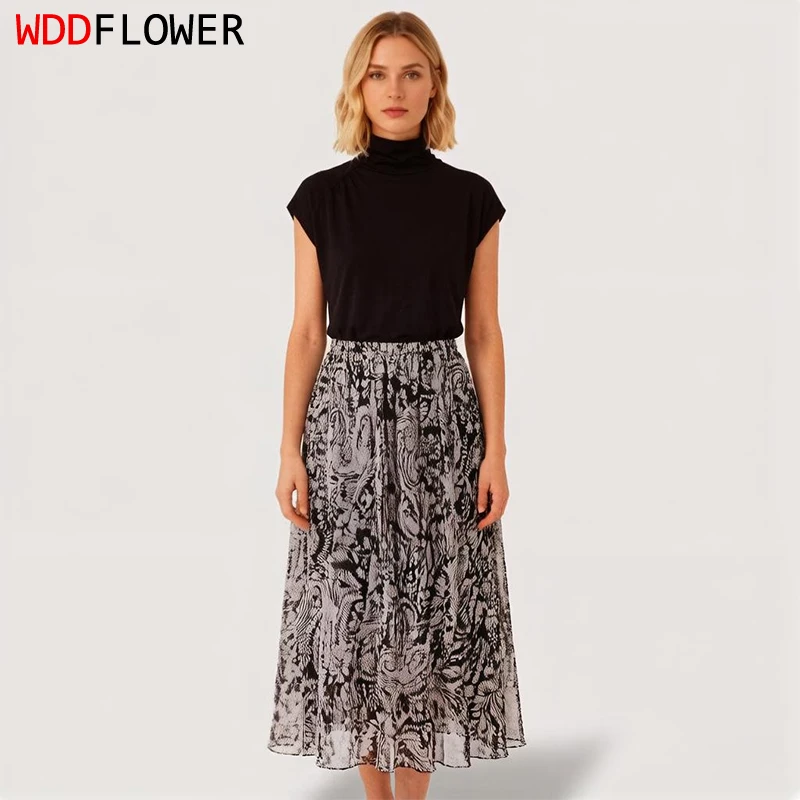 Women Silk Skirt 100% Mulberry Silk White Black Paisley Floral Print Long Type Big Hemline Skirt With Lining Summer Beach M1592