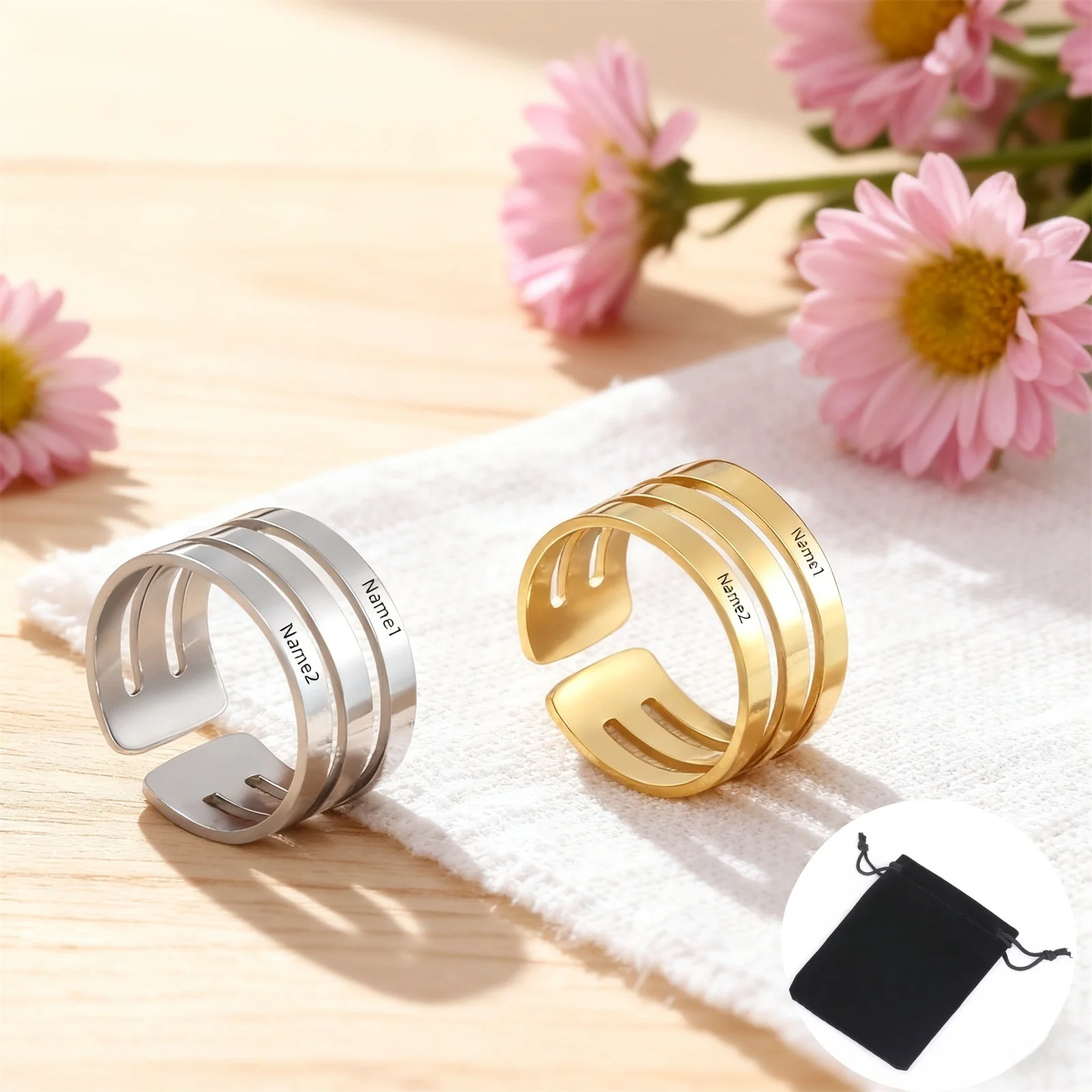 Customized Geometric Name Couple Ring Stainless Steel Open Personalized Carving 1-2 Name Date Ring Fashion Jewelry Family Gift
