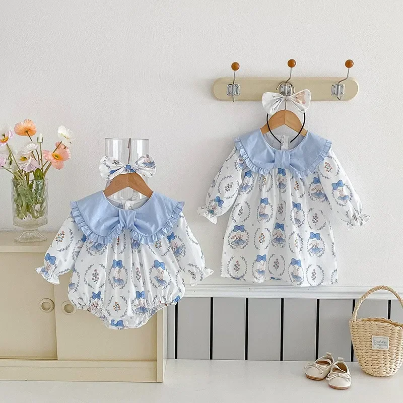 Brand New Baby Girls Printed Cotton Dresses Rompers+bow Headwear,Toddlers Kids Birthday Princess Beautiful Clothes Jumpsuits