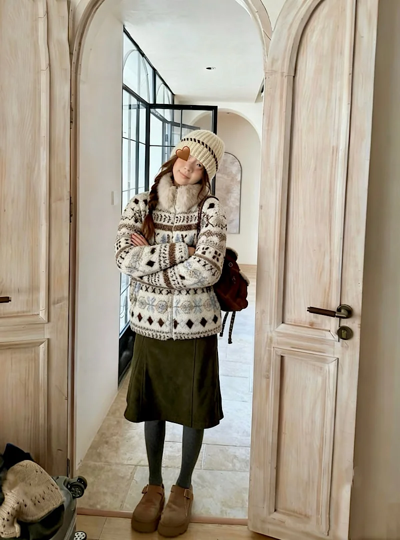 Retro Fair Isle Lamb Fur Coat Women's Autumn Winter Thickened Warm Stand Collar Zipper Closure Short Outerwear