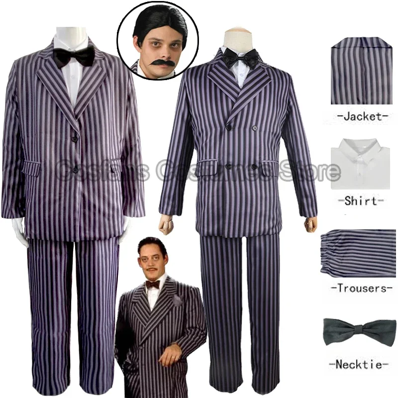 Gomez Addams Cosplay Anime Morticia Costume Wigs Halloween Carnival Outfit Adult Kid Coat Shirt Pant Tie Suit Party Uniform