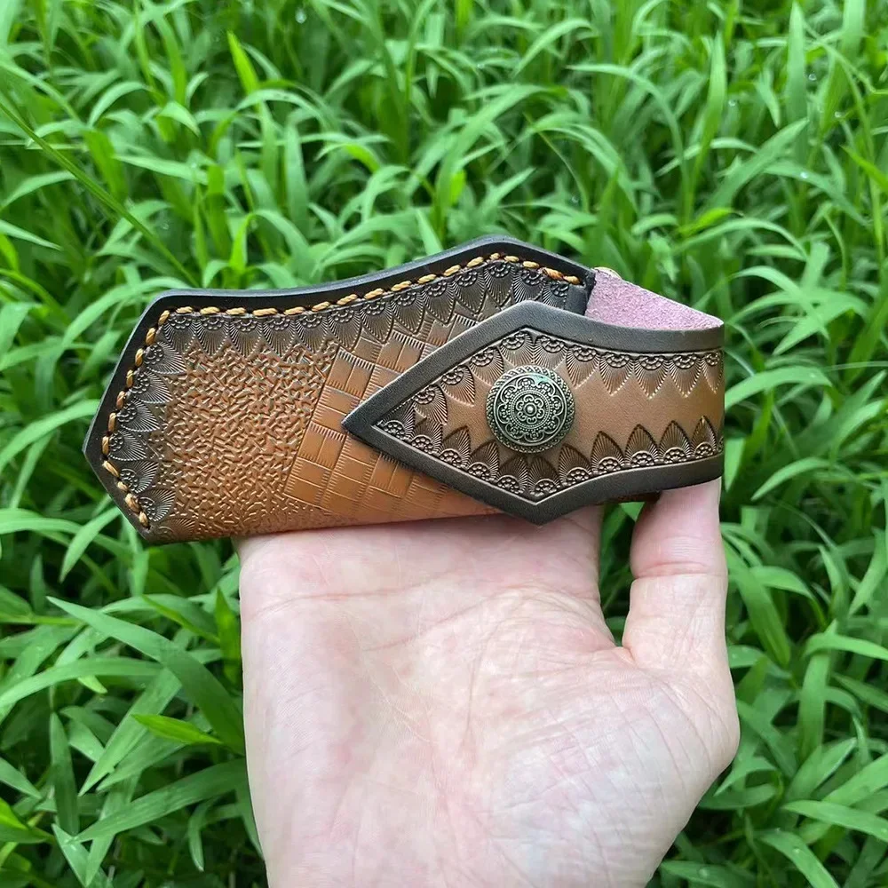15cm Second Layer Embossed Cowhide Leather Scabbard Universal Folding Knife Holster Belt Buckle Easy Carry Heavy Duty - view 2