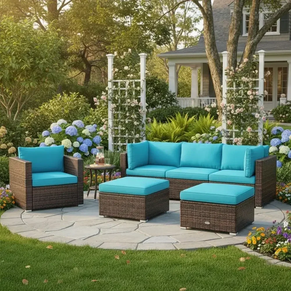6-Piece Turquoise Wicker Outdoor Patio Furniture Set with Sectional, Glass Coffee Table, and Ottoman