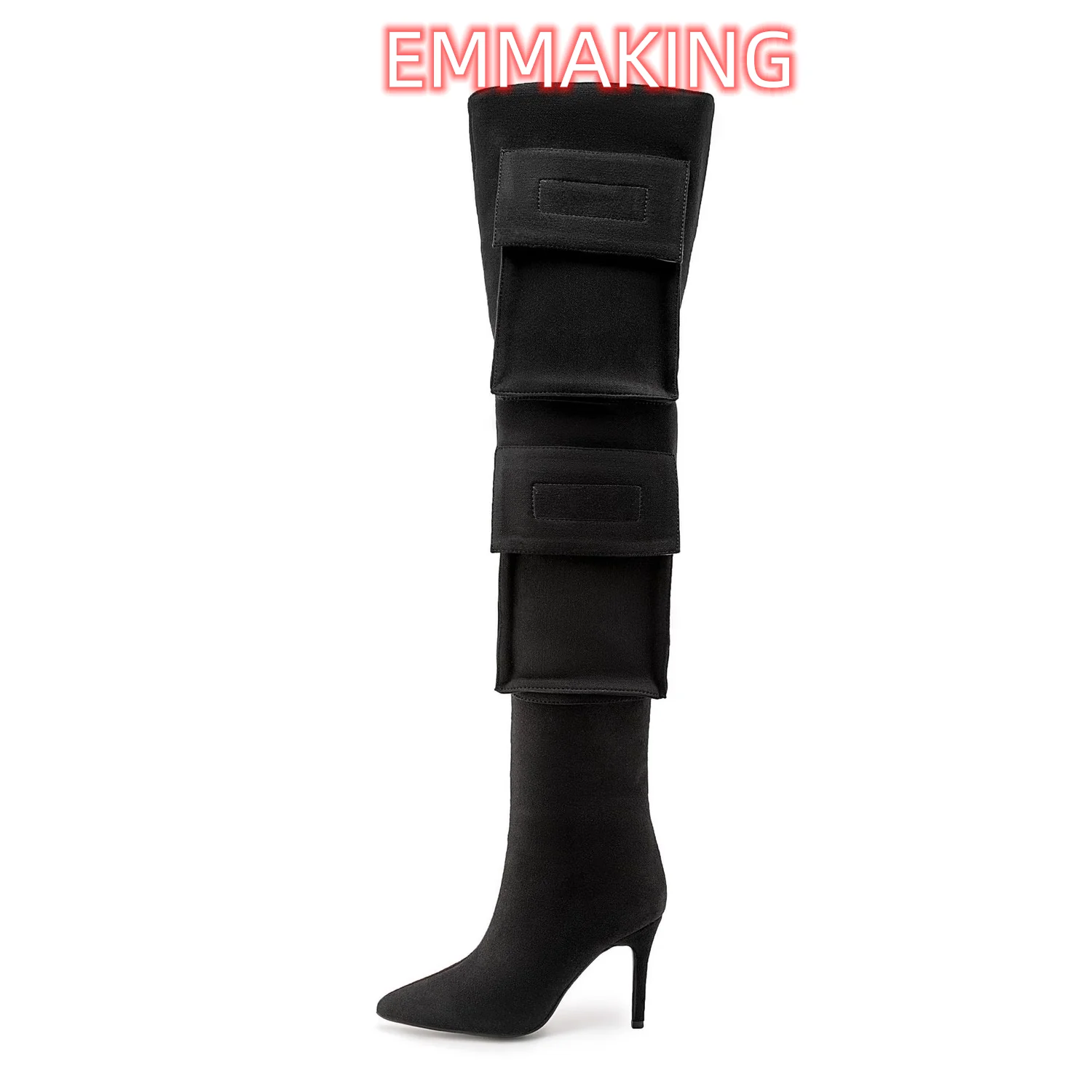 Newest Black Suede Over The Knee Boots Side Zipper Thin Heel Fashion Boots Runway Design Multi-pocket Work Boots Oversized Women