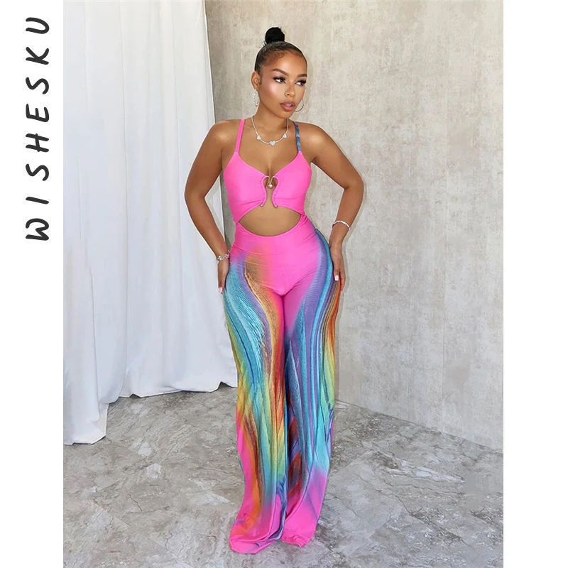 

Colorful Print Jumpsuits Women See Through Summer Hollow Out Cirque Button Sleeveless Fitness Midnight Clubwear Overalls