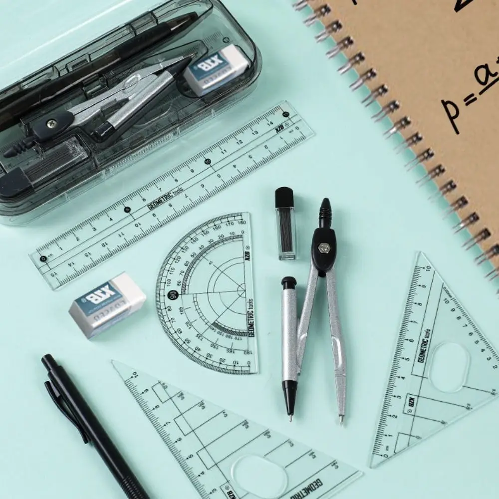 8Pcs/Set Multifunctional Drawing Compass Ruler Kit Portable Compact Math Measuring Tool with Box Triangle Ruler