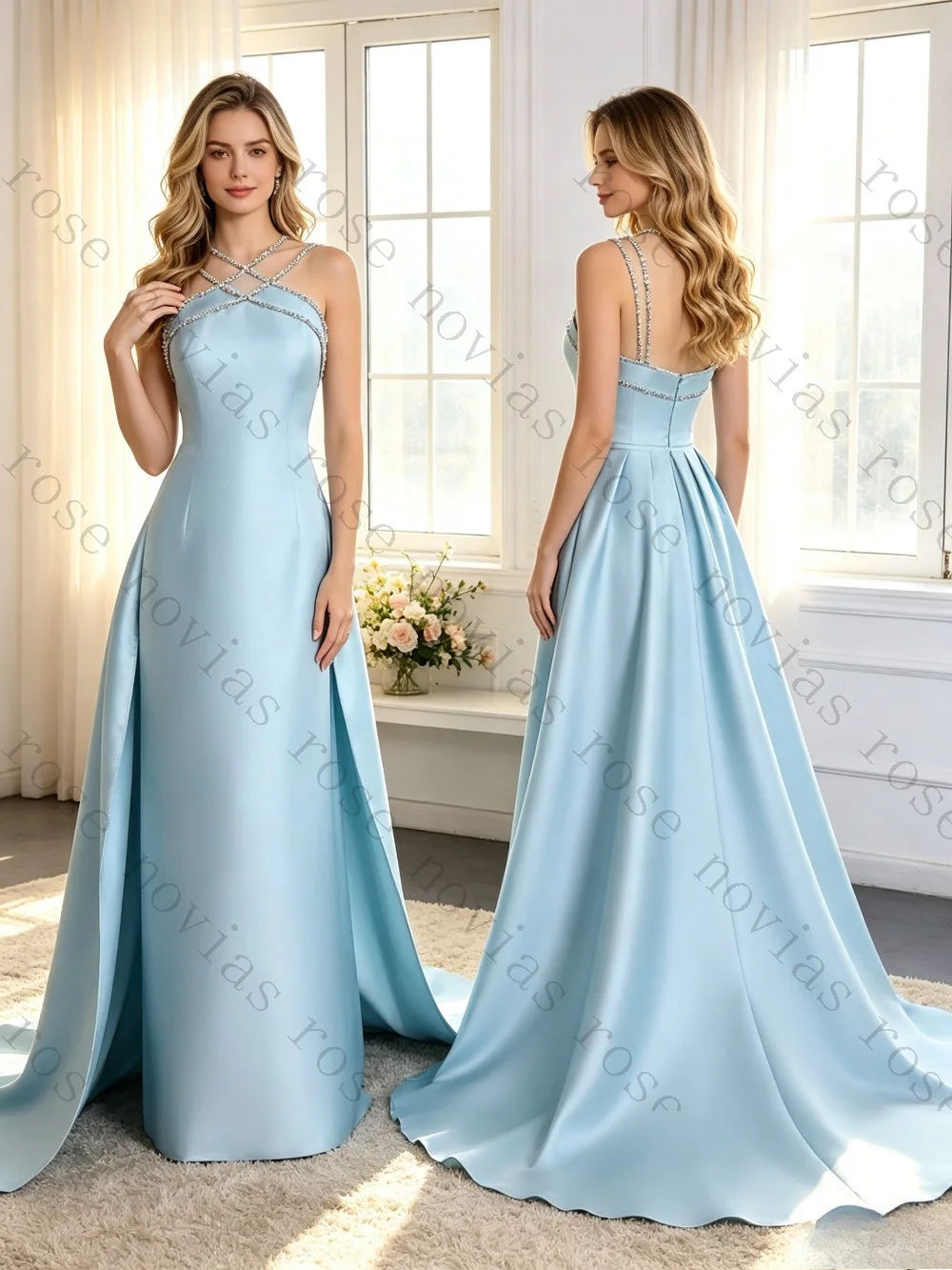 Customized 2026 New Light Blue Satin Camisole Beaded Mermaid Evening Gown Trailing Floor Skirt Suitable for Graduation Parties