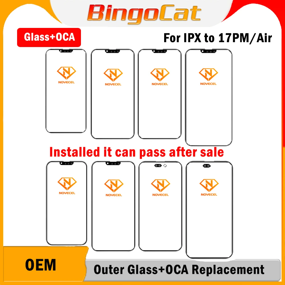 

Novecel 5 шт. сенсорное стекло OCA для iPhone 17 Air 14 15 16 13 12 11 pro max, наружное стекло + клей OCA, замена OLED-экрана