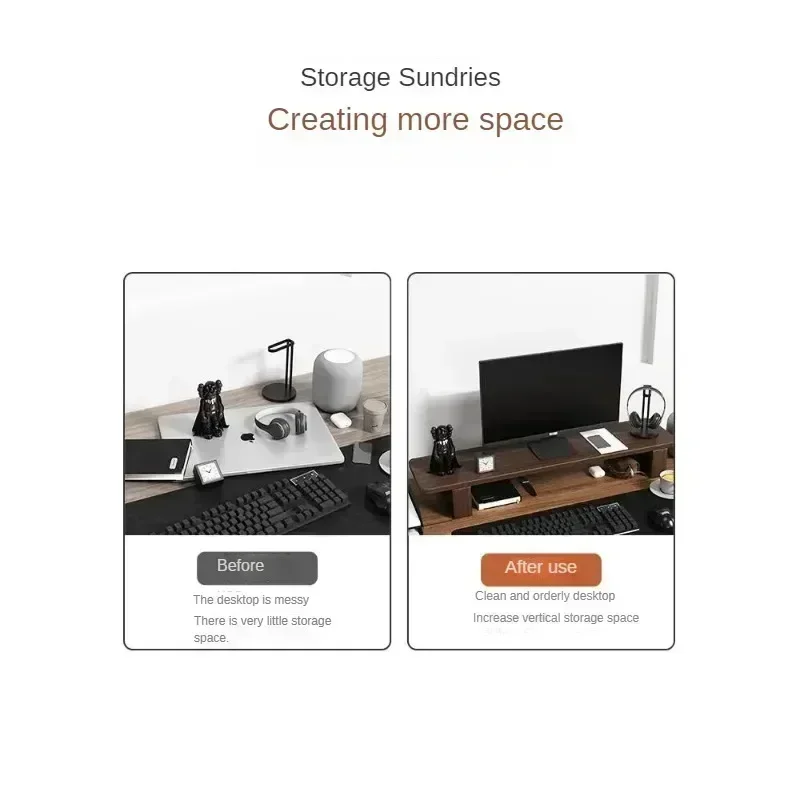 Desktop Monitor Frame Walnut Color Solid Wood Office Storage Space Saving Management Solution